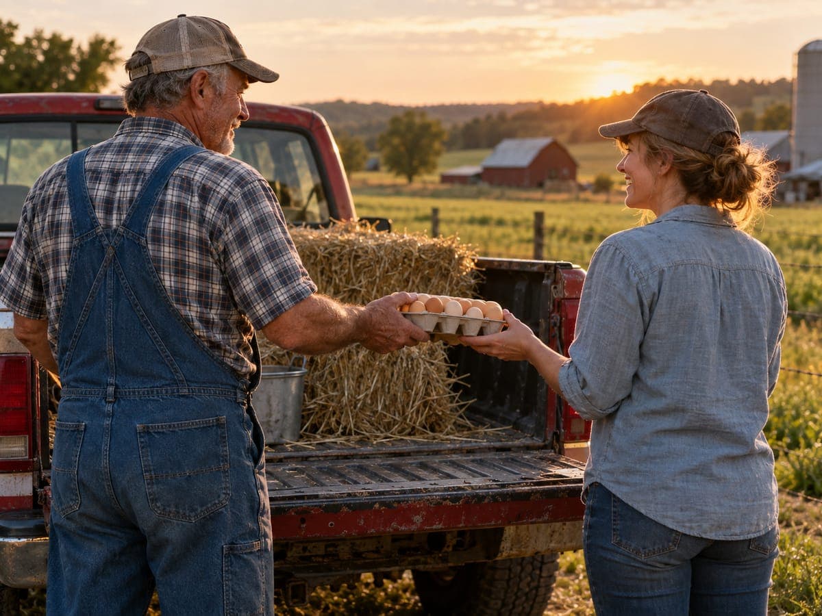 Two neighbors at a pickup truck by a field, one handing the other a carton of eggs
