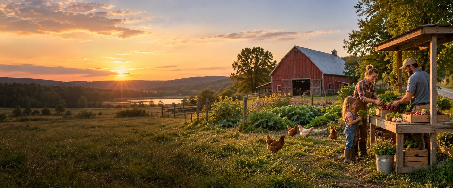 A small farm at sunset with a red barn, a vegetable garden, hens and a family at their farmstand