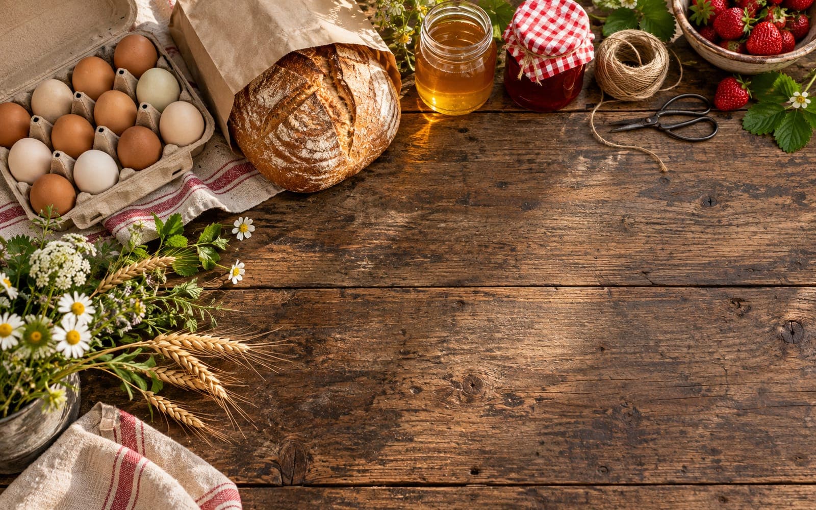 Eggs, a sourdough loaf, honey and strawberry jam on a rustic wooden table