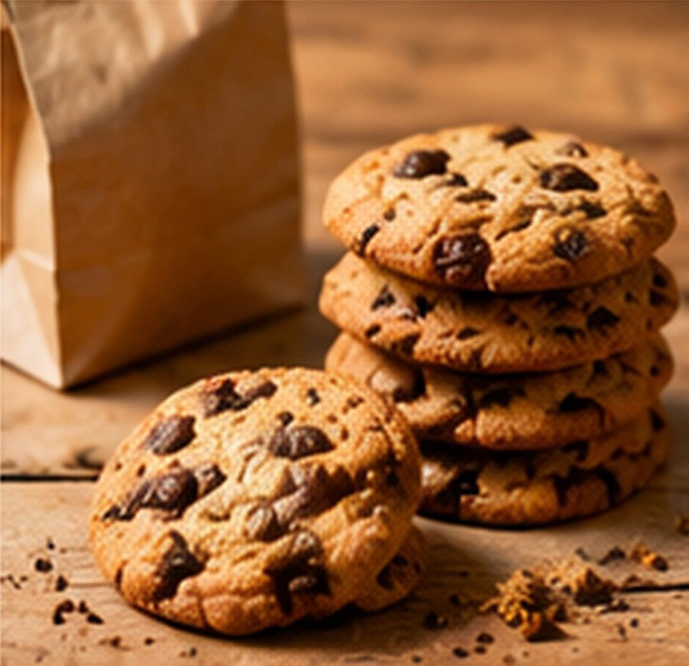 A stack of chocolate chip cookies with a paper bag