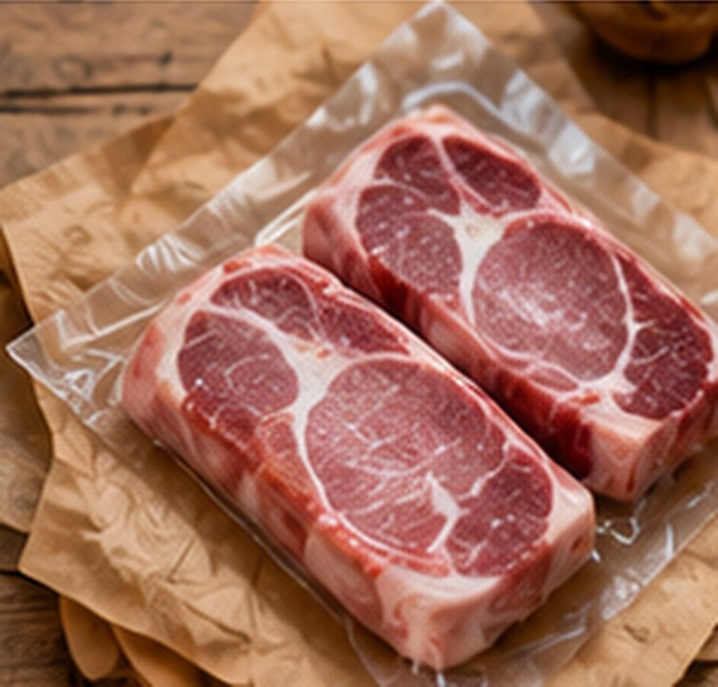 Two vacuum-packed pork steaks on butcher paper