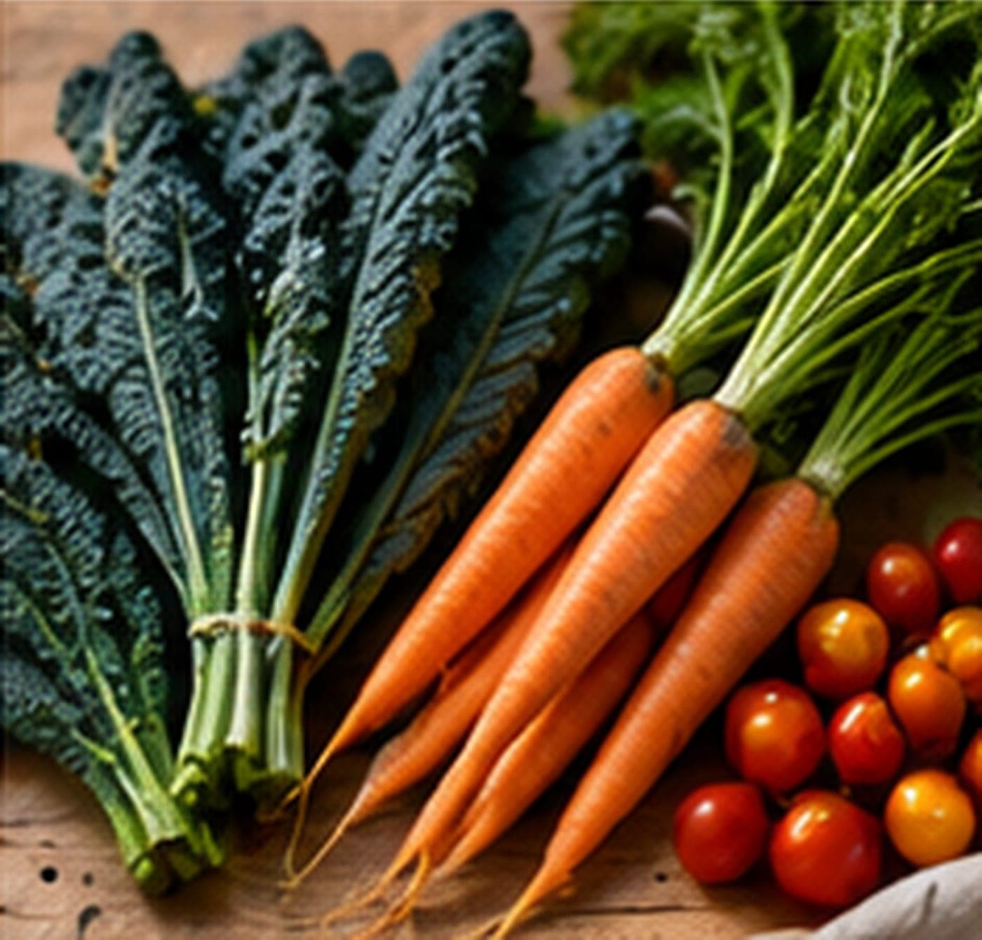 Bunches of kale and carrots with cherry tomatoes