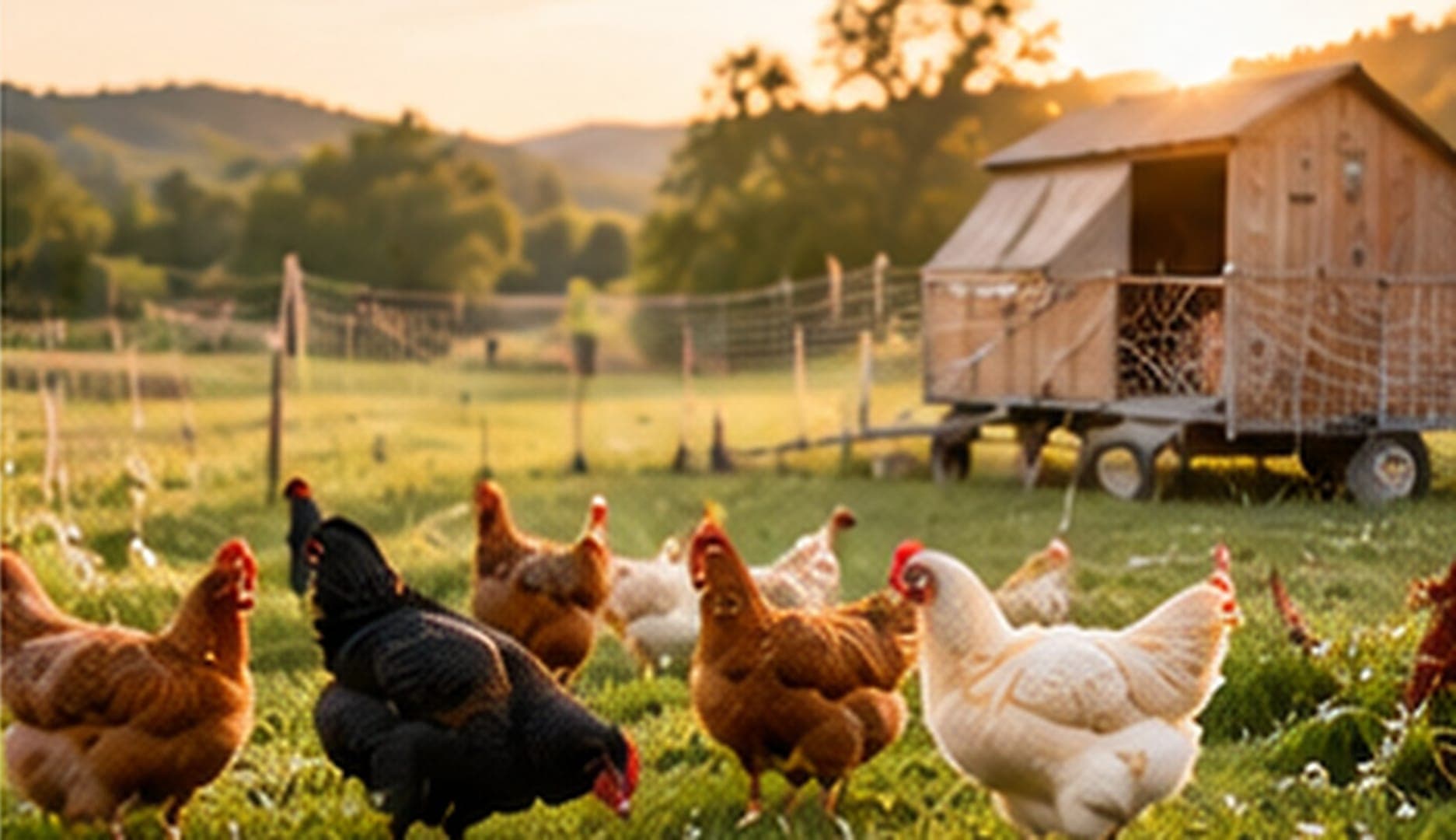 Laying hens on pasture in front of a mobile coop
