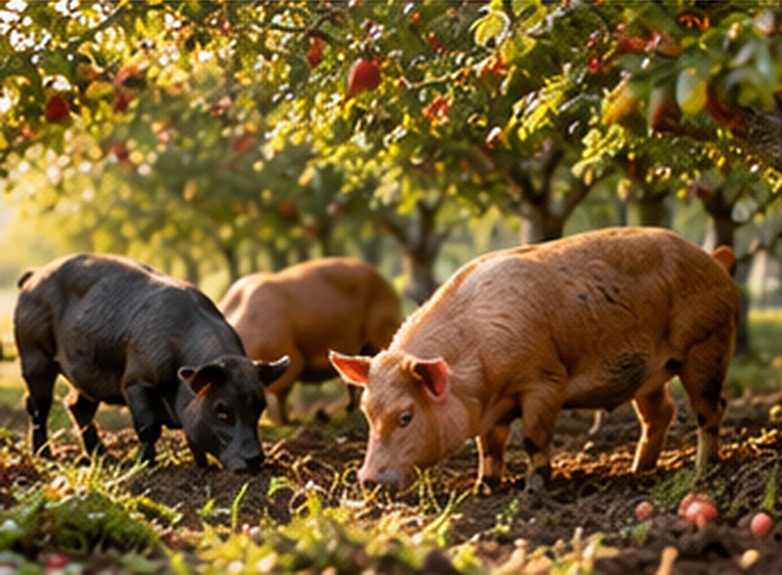 Pigs foraging under apple trees