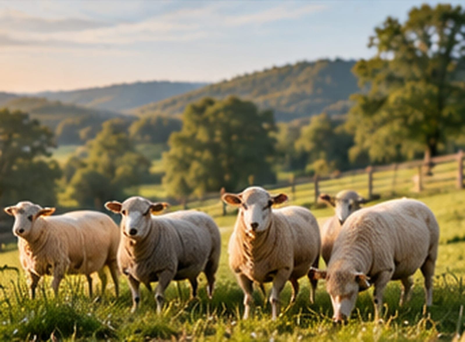 Sheep grazing on green pasture beside a wooden fence